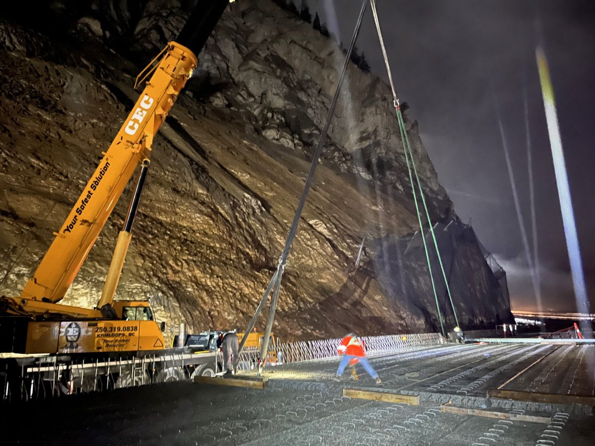 Construction crews work on the viaduct along the Kicking Horse Canyon portion of the Trans-Canada Highway in B.C.