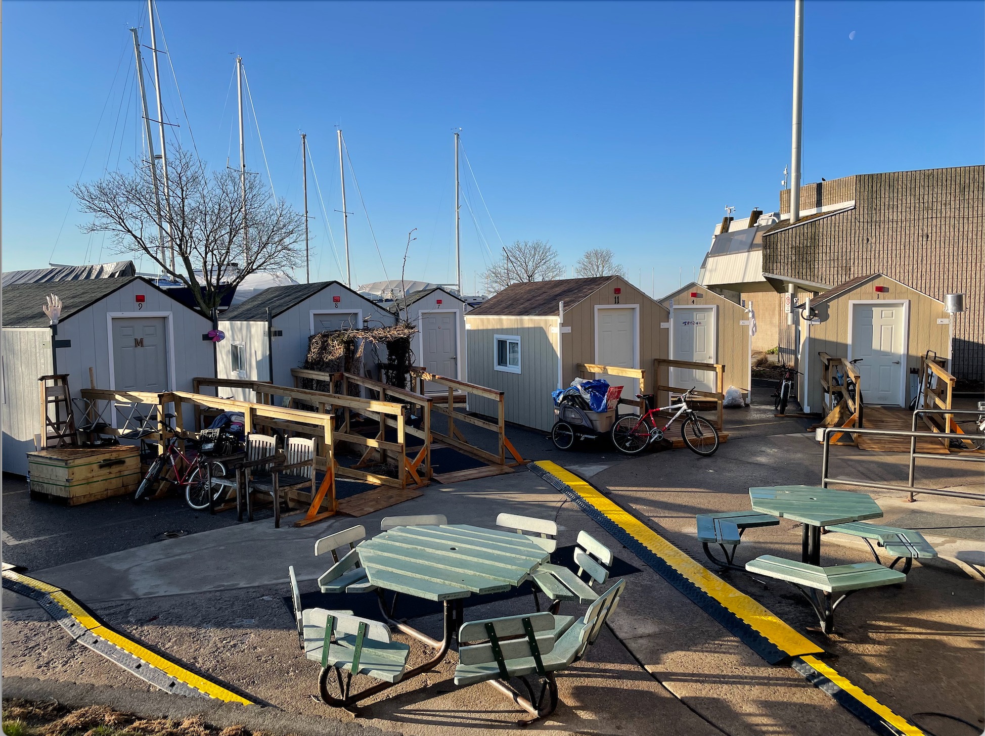 A photo of sleeping cabins at Portsmouth Olympic Harbour in Kingston Ont. in the spring of 2023.
