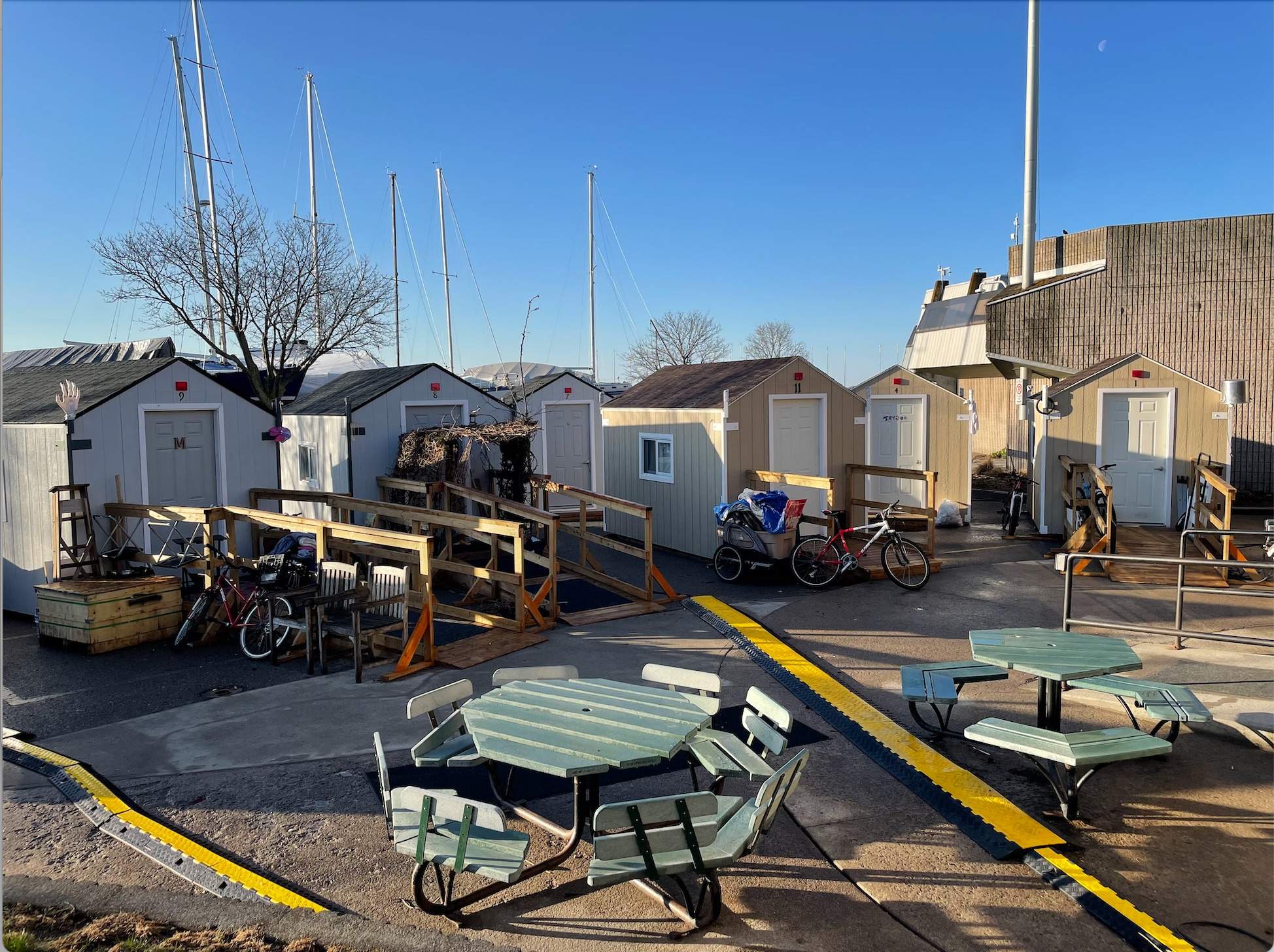 A photo of sleeping cabins at Portsmouth Olympic Harbour in Kingston Ont. in the spring of 2023.