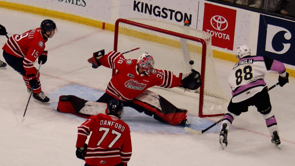 Jacob Battaglia opens the scoring for Kingston in Friday night's win over the Oshawa Generals.