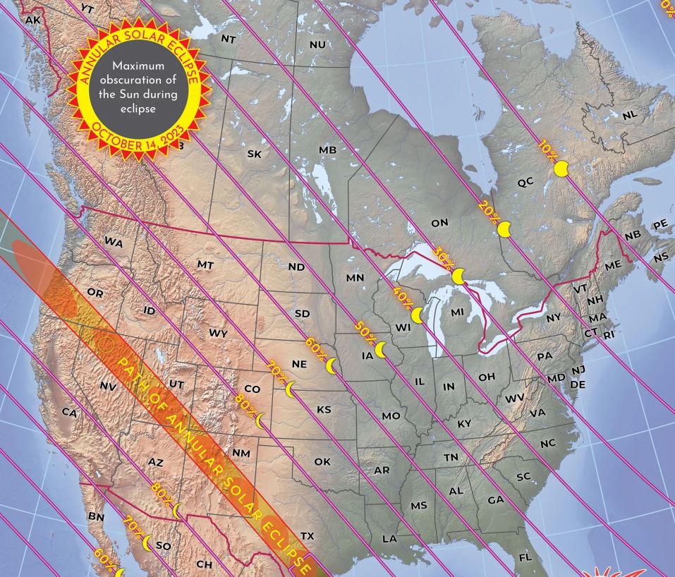 A map showing the path of the annular eclipse on Oct. 14, 2023.