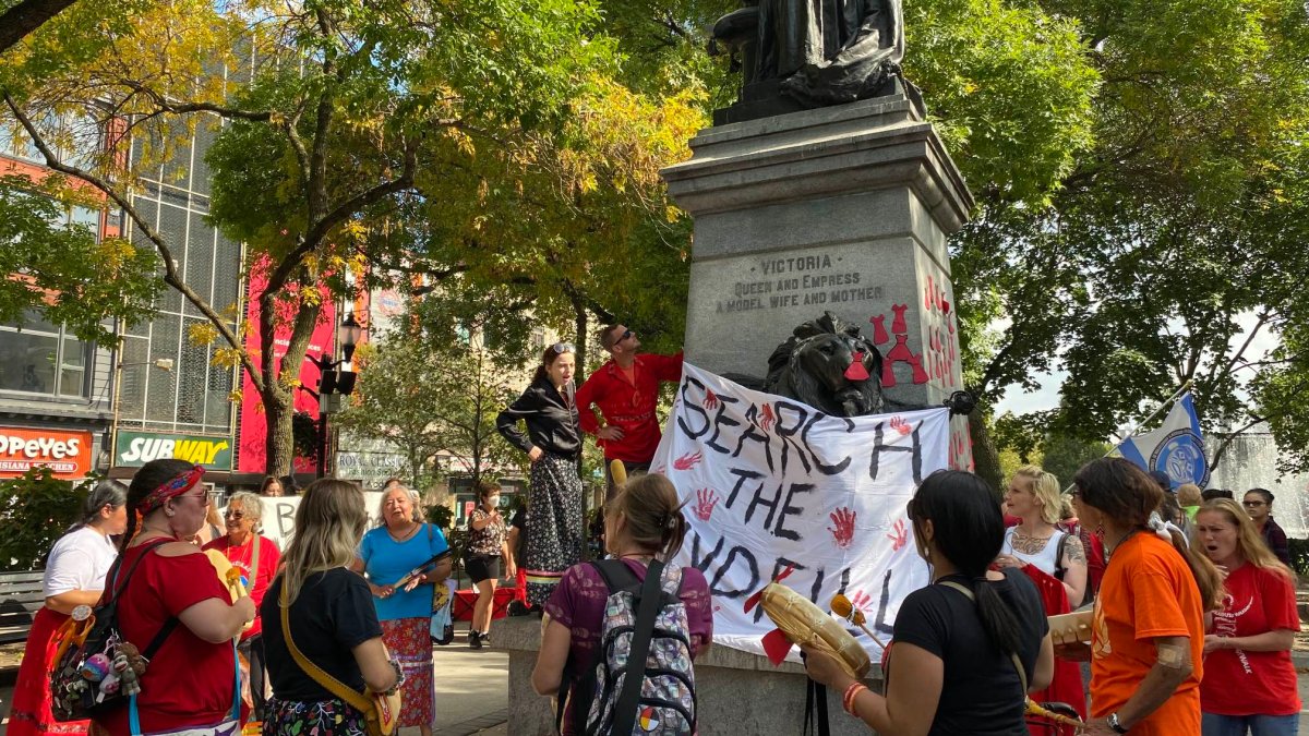 Demonstrators at Gore Park in Hamilton, Ont. on Oct. 4, 2023 marking a National Day of Action for missing and murdered Indigenous women girls in two spirit people.