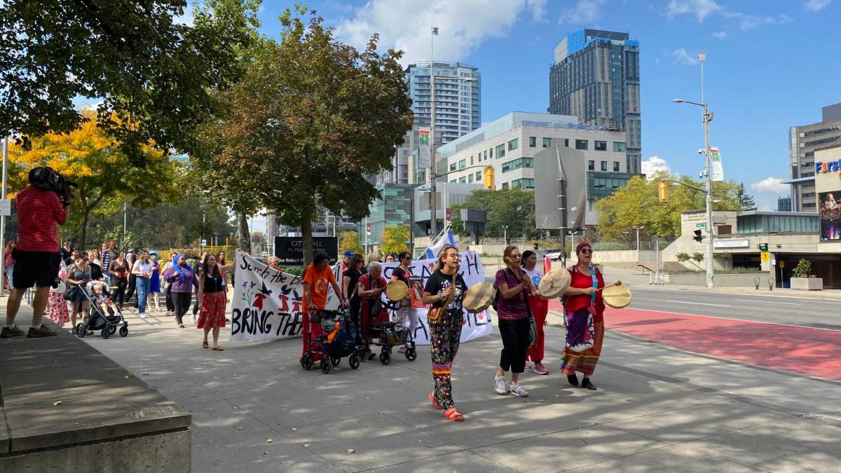 Community members marching in downtown Hamilton on Oct. 4, 2023 marking the more than 4000 women, girls and two spirit people who have gone missing or been murdered – as highlighted in the national inquiry into the crisis.