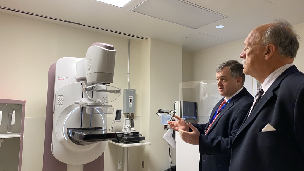 Dr. Colm Boylan (left) chief of diagnostic imaging at St. Joseph’s Healthcare Hamilton. and Ray Sakalas, chair of the board of the Hamilton and District Senior Citizens’ Home RAMBYNAS Inc. shwon beside diagnostic imaging equipment with 3D digital breast tomosynthesis.