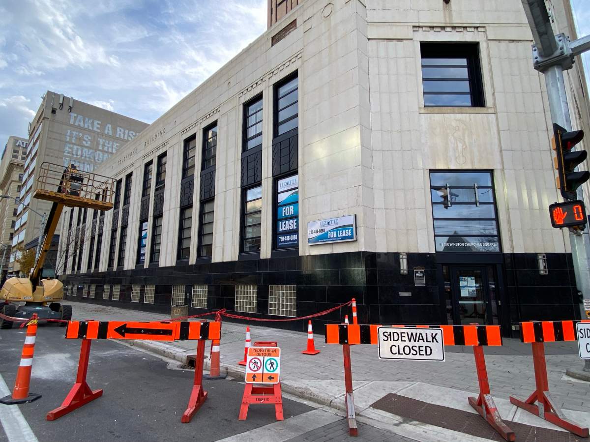 A chunk of concrete fell from a building at 9 Sir Winston Churchill Square in downtown Edmonton, Alta. on Tuesday, October 10, 2023.