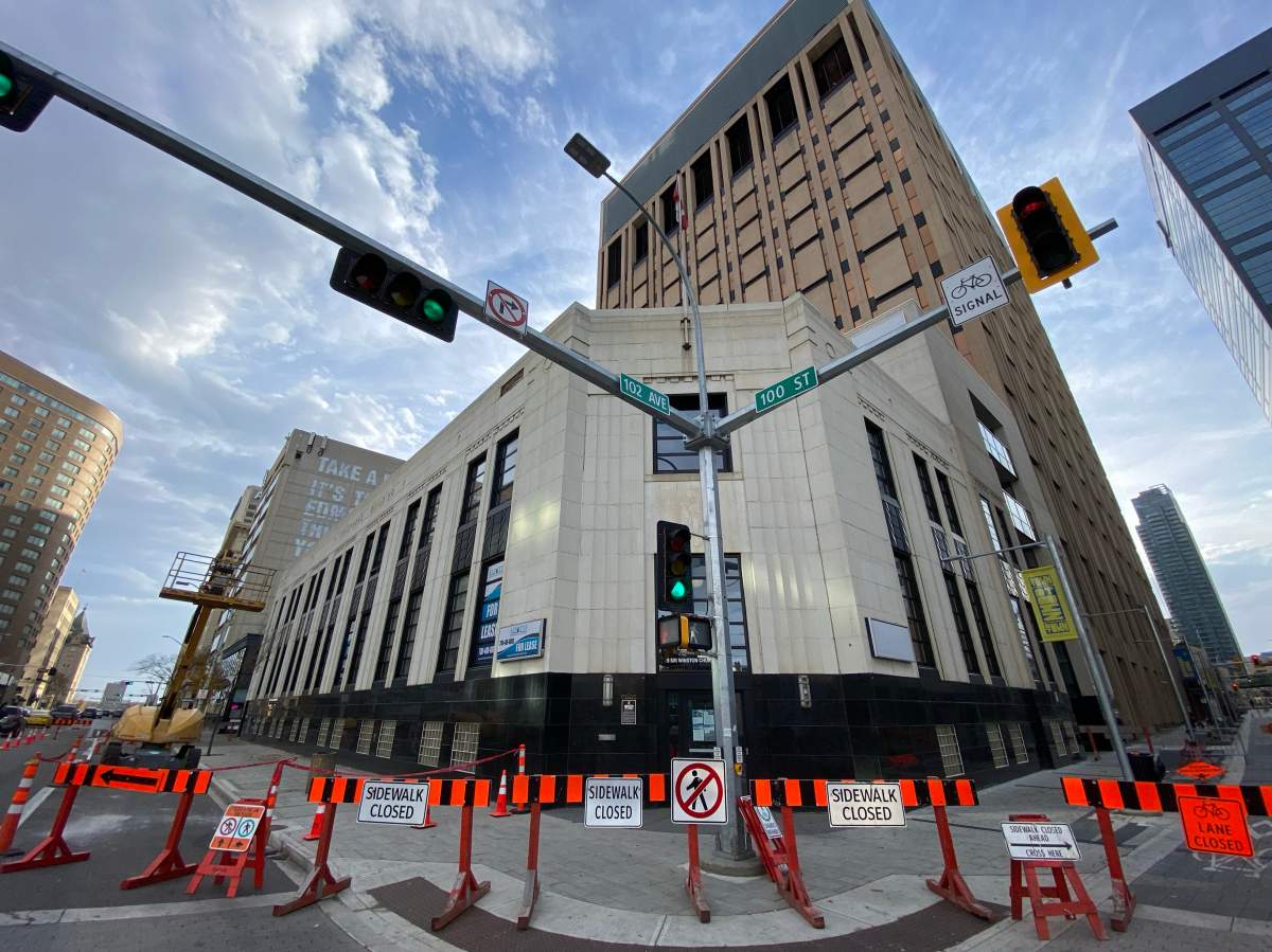 A chunk of concrete fell from a building at 9 Sir Winston Churchill Square in downtown Edmonton, Alta. on Tuesday, October 10, 2023.
