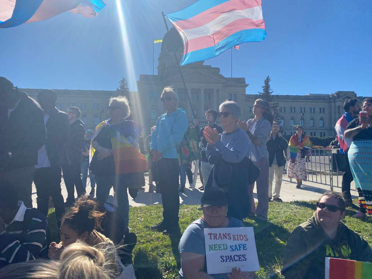 Thousands of people gathered outside the Saskatchewan Legislative building in October 2023 to protest the provinces pronoun policy.