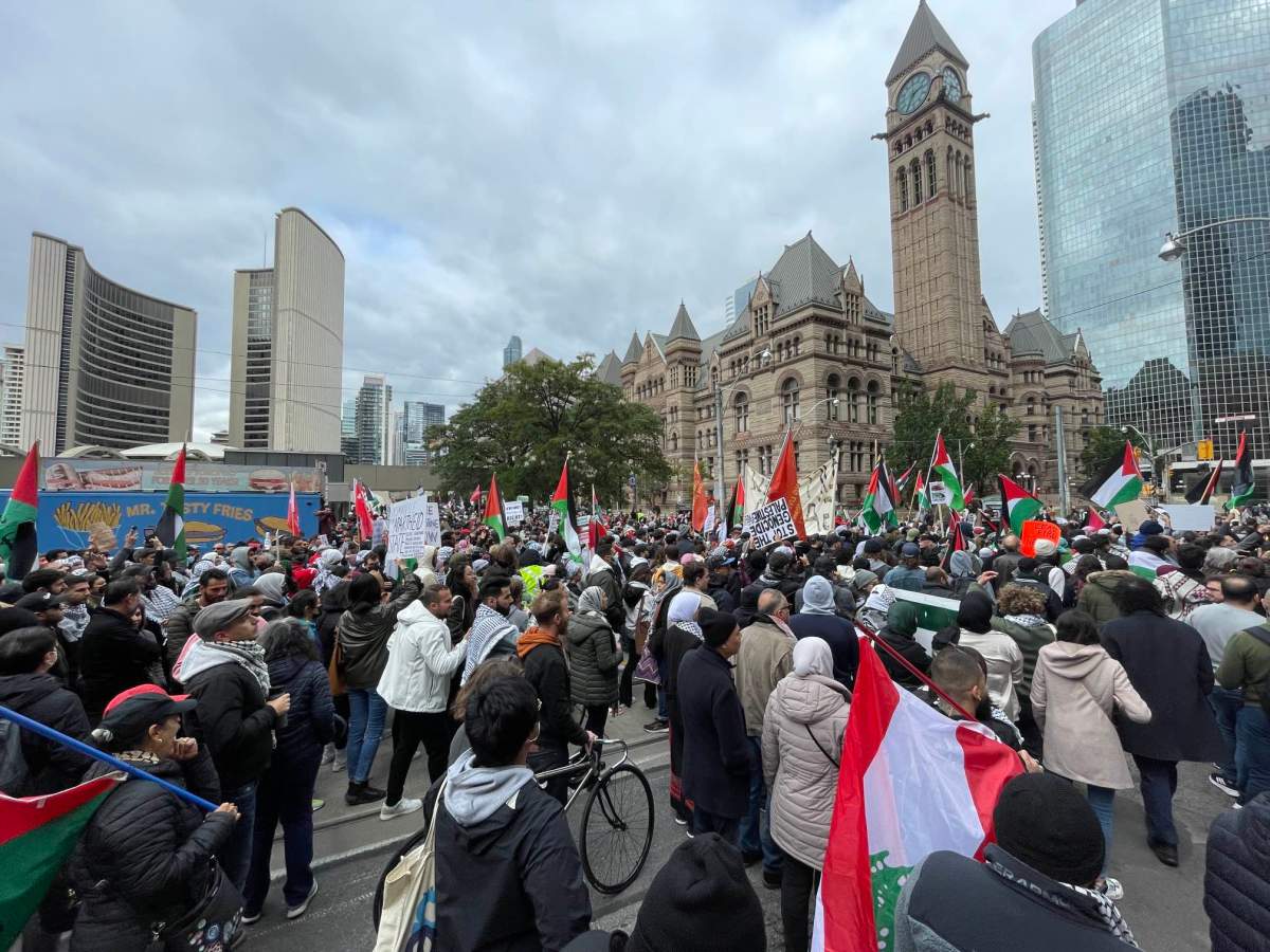 Pro-Palestinian supporters rallied at Toronto’s Nathan Phillips Square on Monday, Oct. 9, 2023.