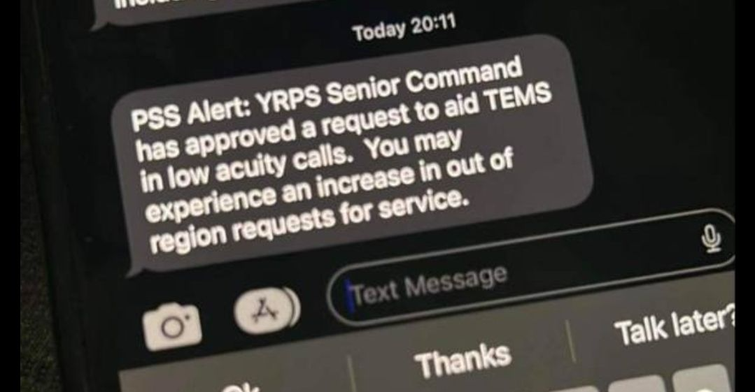 A York Regional Paramedic Services screen displaying approval to assist Toronto EMS.