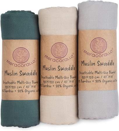 Three baby receiving blankets in forest green, taupe and light grey