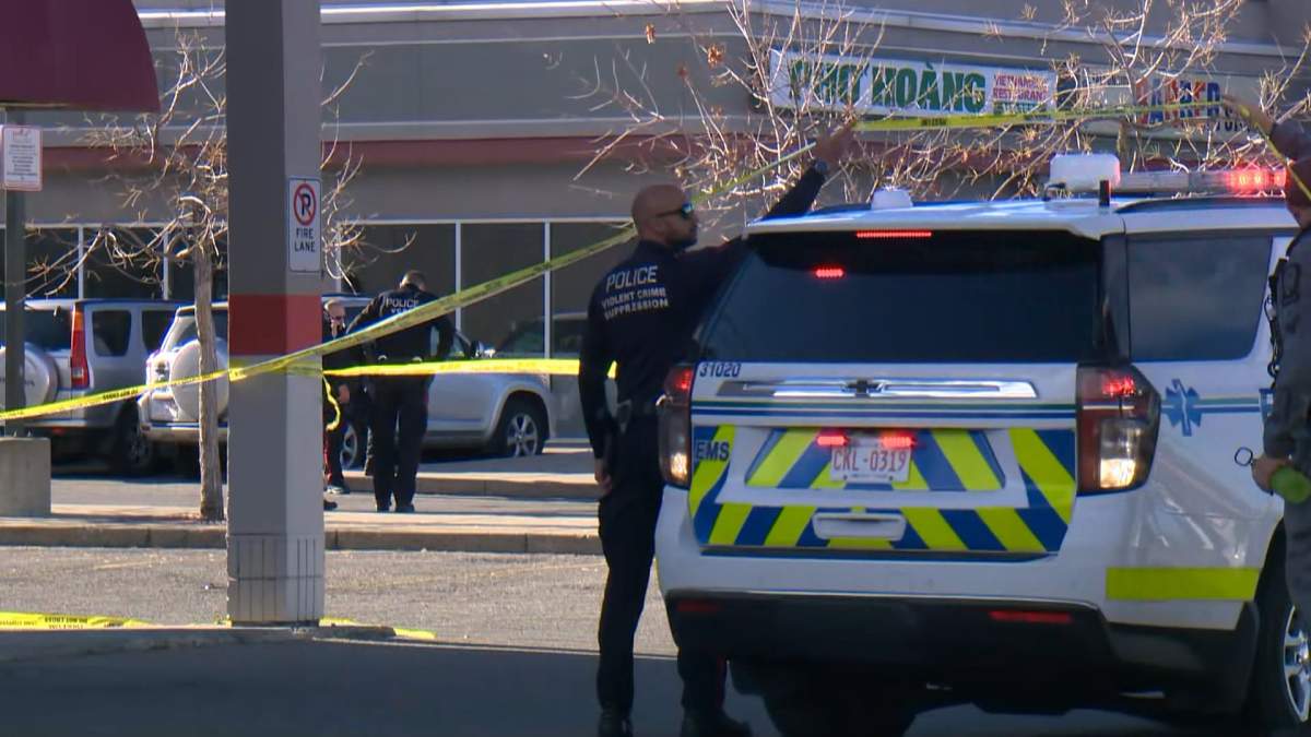 Emergency crews on scene in the McKnight Village Shopping Centre in the northeast Calgary neighbourhood of Falconridge after an officer was shot.