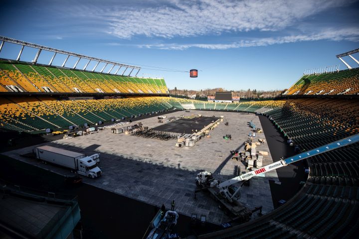 Crews work to prepare Commonwealth Stadium for the upcoming Heritage Classic in Edmonton on Thursday October 19, 2023. The Oilers and Calgary Flames are set to play the Heritage Classic outdoors Oct. 29 at Edmonton's Commonwealth Stadium.