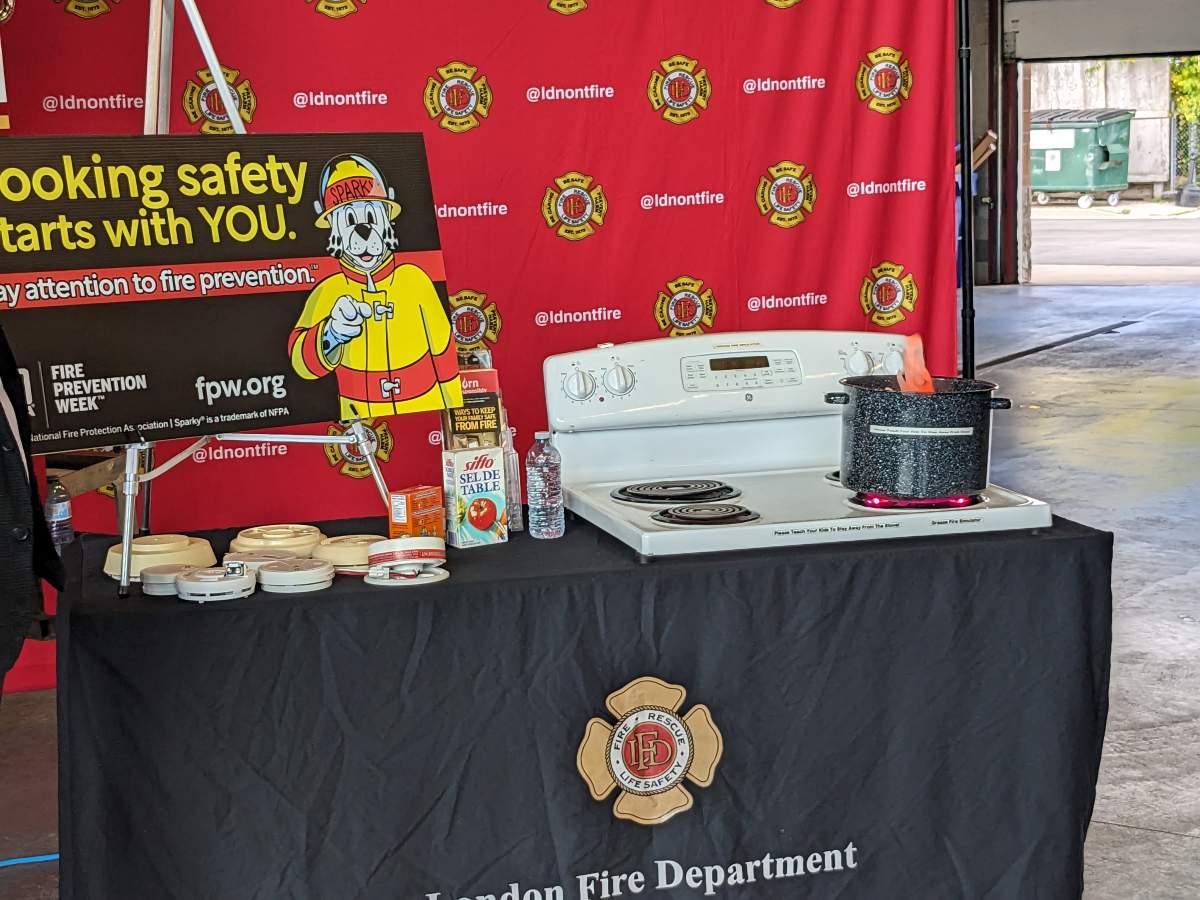 The demonstration had a simulated grease fire on a stove that could be “put out” with a lid.