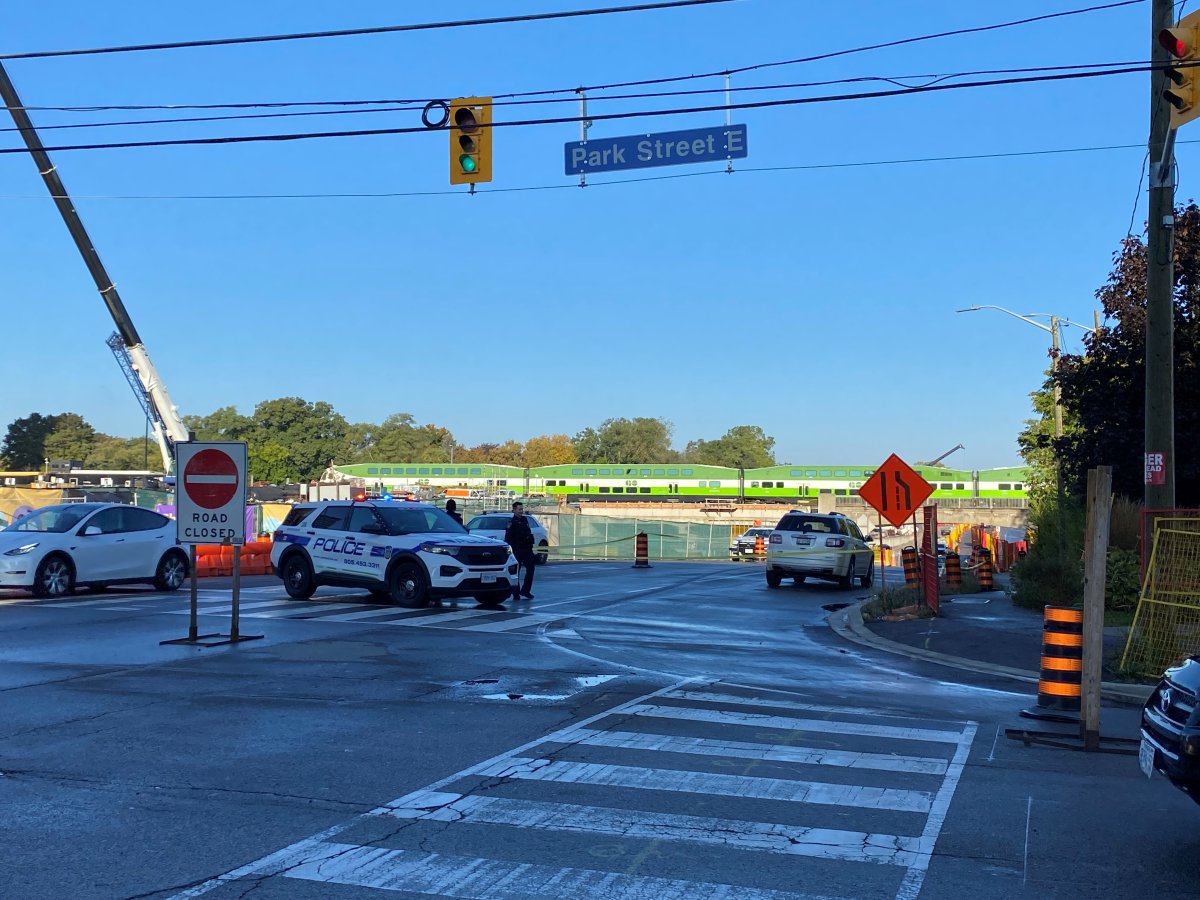Police investigating a pedestrian-involved collision at Hurontario and Park streets on Oct. 6, 2023.