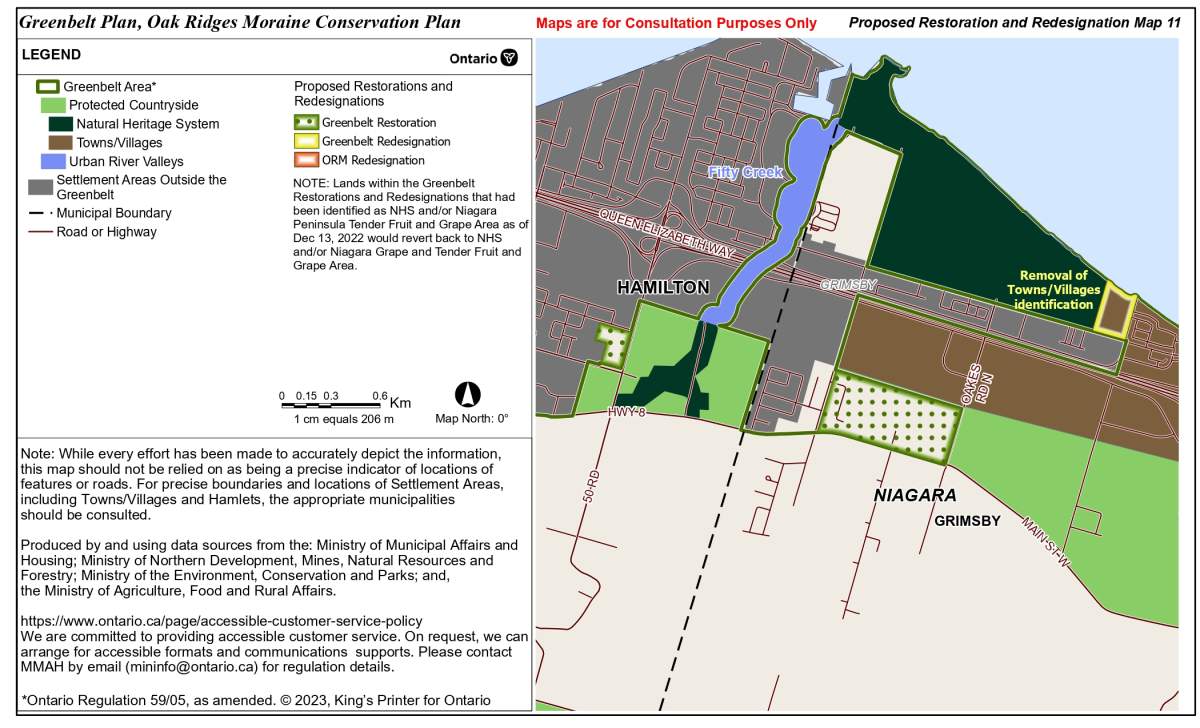 A map of the Greenbelt land in Grimsby returned by the Ford government.