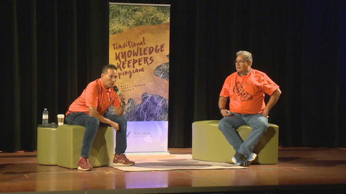 A residential school survivor and a local hip-hop artist shared the stage at the Royal Saskatchewan Museum to talk about the legacy of residential schools.