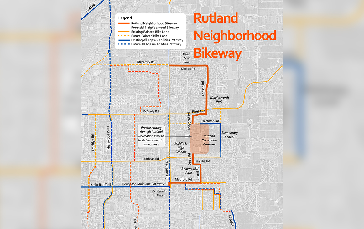 A map showing the proposed bikepath in Kelowna’s Rutland neighbourhood.