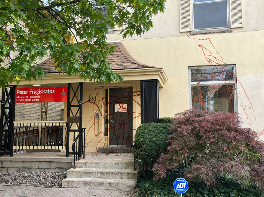 Photo of Liberal MP Peter Fragiskatos’ office at 231 Hyman St. that was vandalized with ketchup on Sunday during a pro-Palestinian rally.