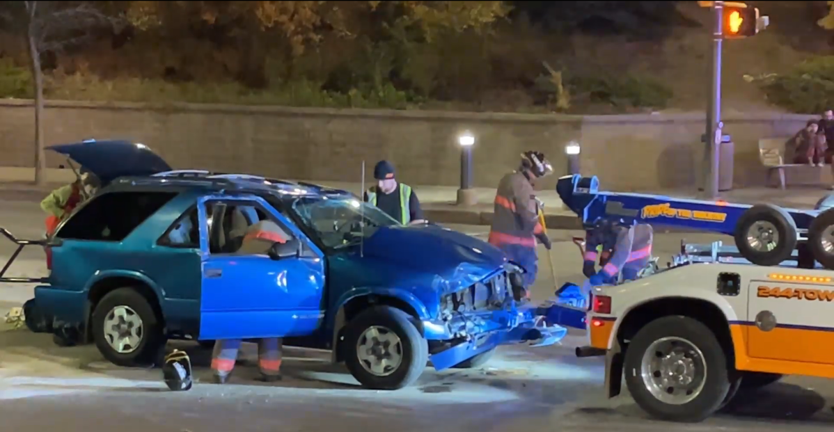 A Blue SUV was flipped and towed from the intersection.