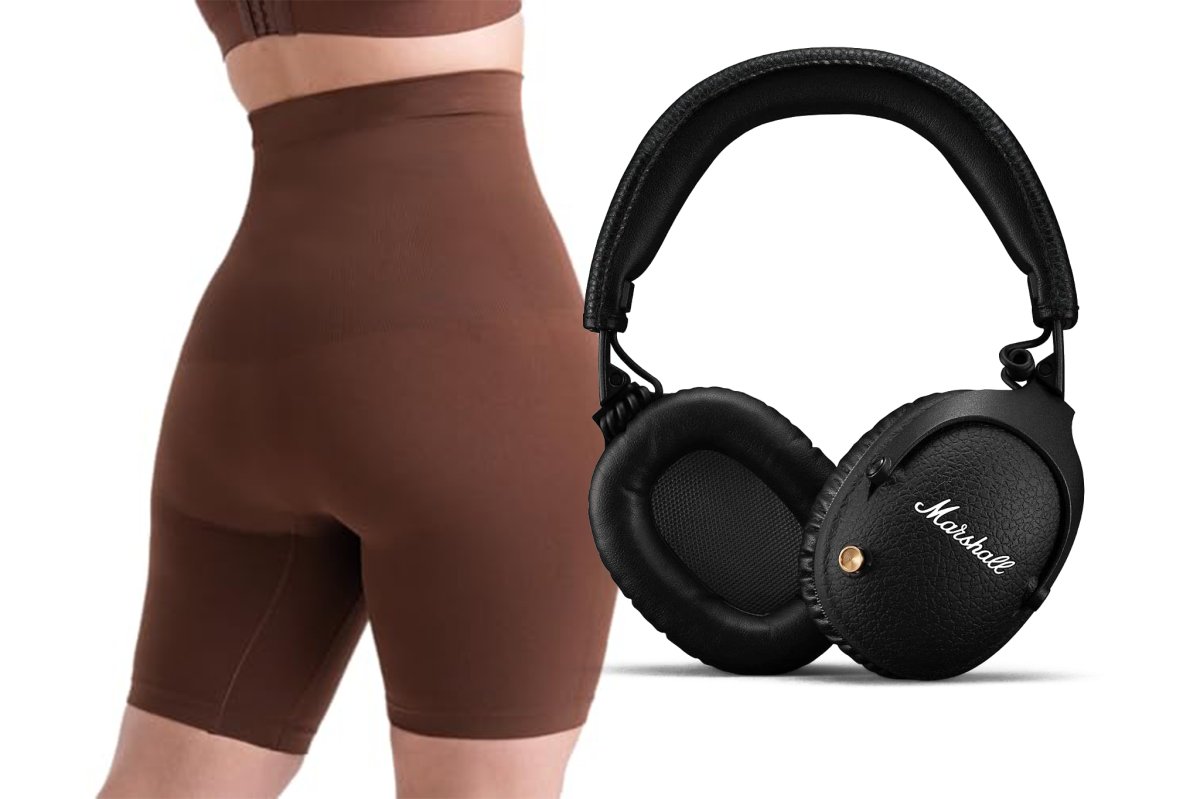 woman in shapewear and headphones
