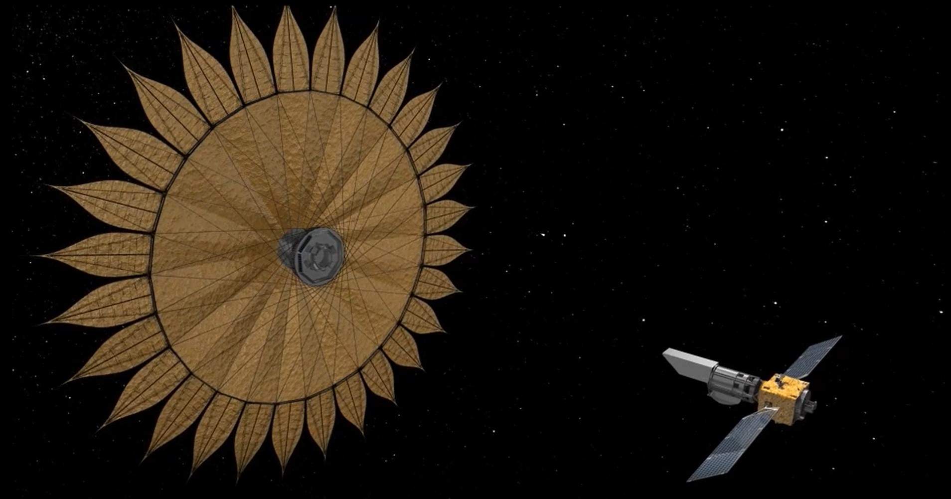 Flower power: As seen in this animation, flying with a space telescope – the starshade would use thrusters to put itself in a position to block a star and allow the telescope to capture images.