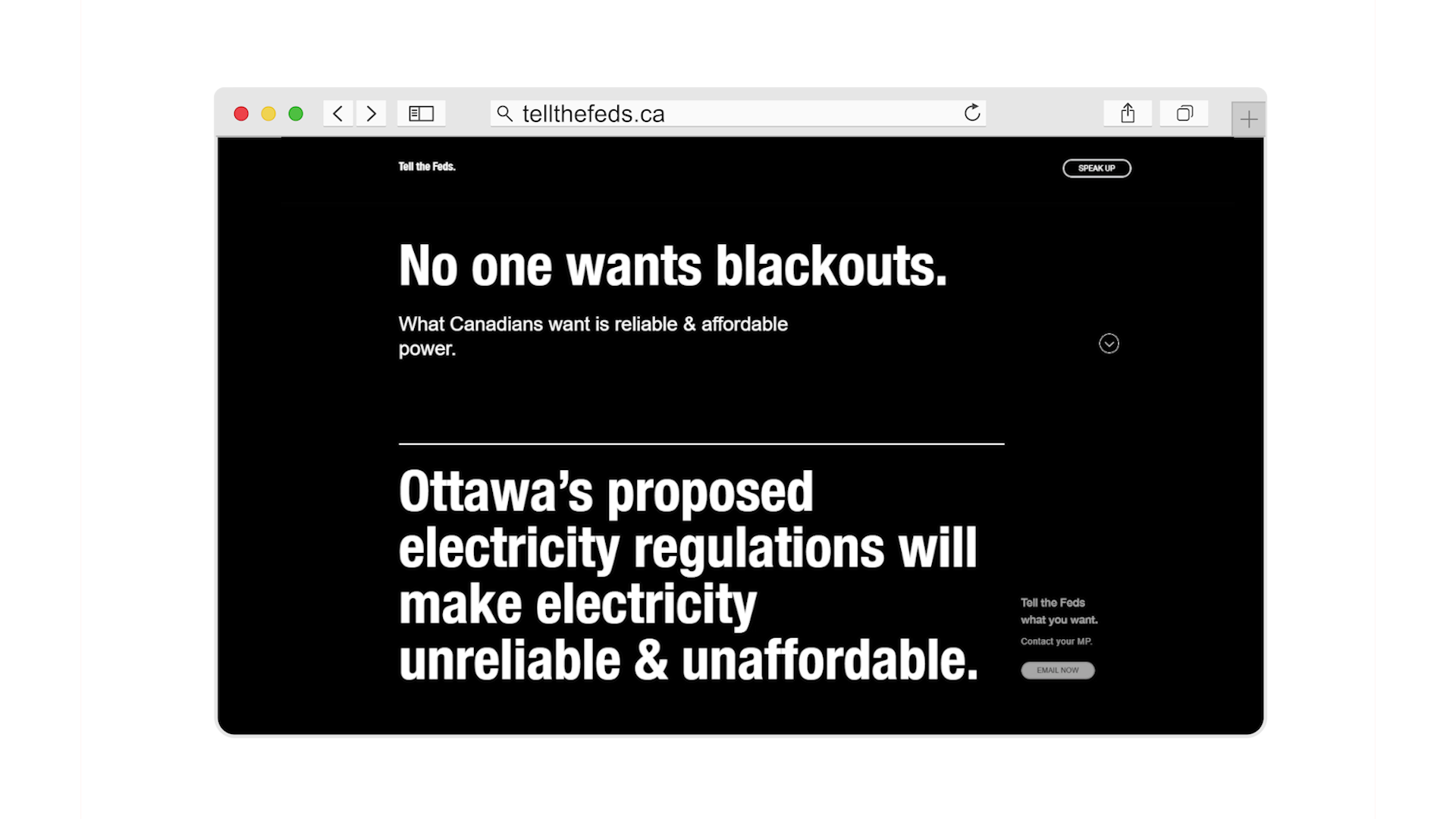 A screenshot of Smith’s “Tell the Feds” website, which claims increasing Alberta’s reliance on renewable energy would cause blackouts.