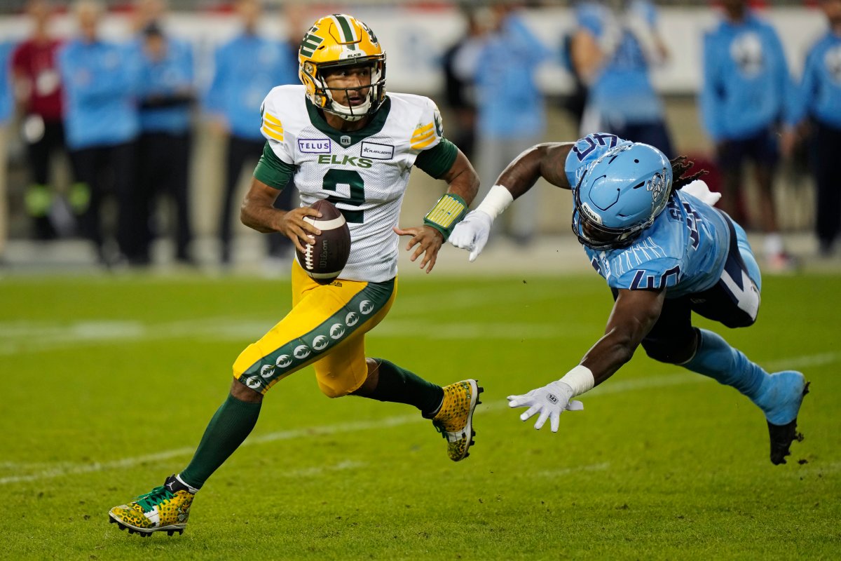 Elks quarterback Tre Ford escapes pressure during a game against the Toronto Argonauts on October 6, 2023.