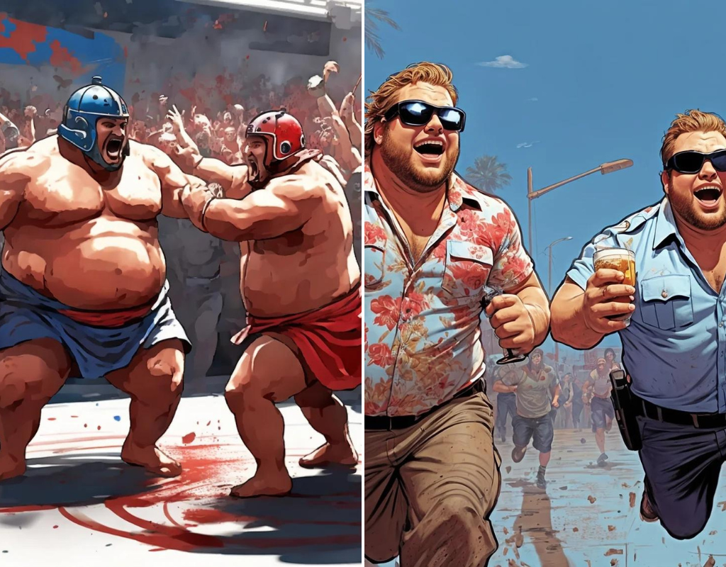 Illustrations from the Florida Man Games, promoting the beer-belly wrestling and "Evading Arrest Obstacle Course" events.