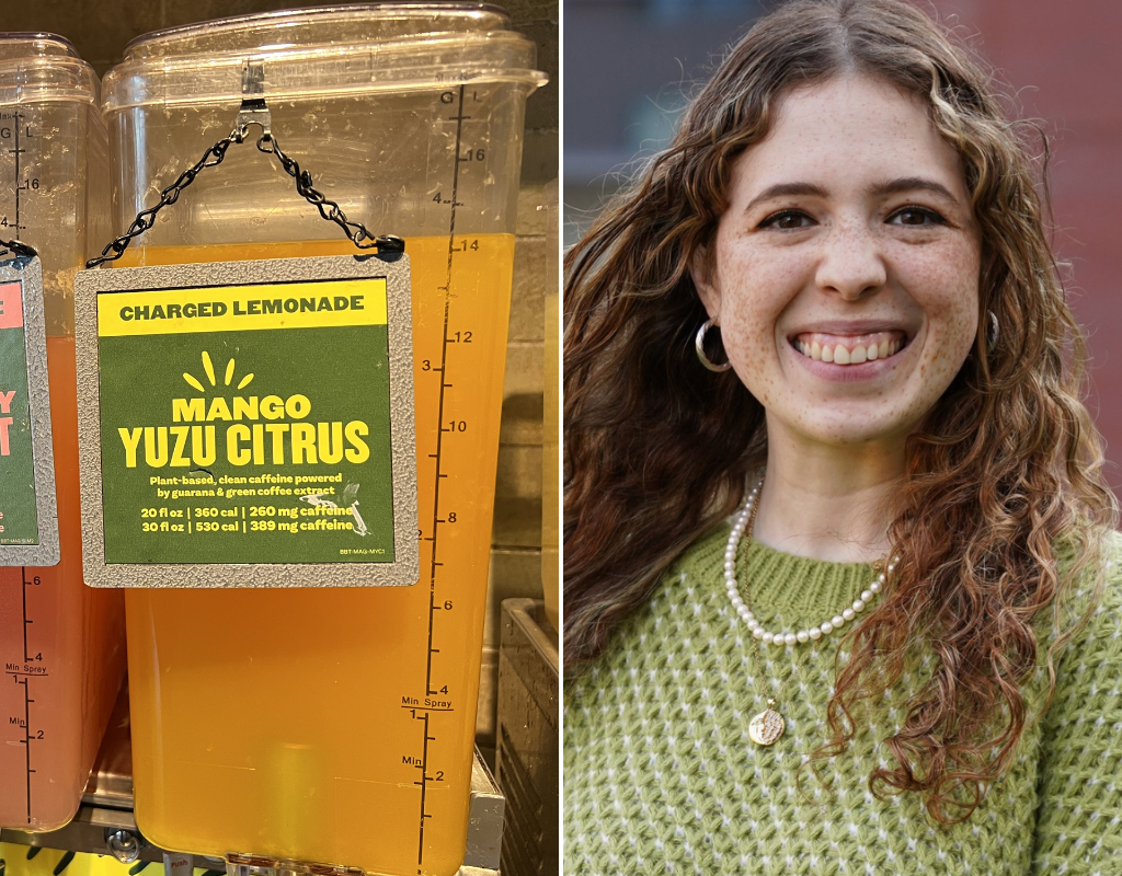 Split screen image of a clear-plastic tank of Charged Lemonade, a caffeinated drink offered at Panera Bread, alongside a photo of Sarah Katz, 21, who died last year after allegedly drinking the beverage.