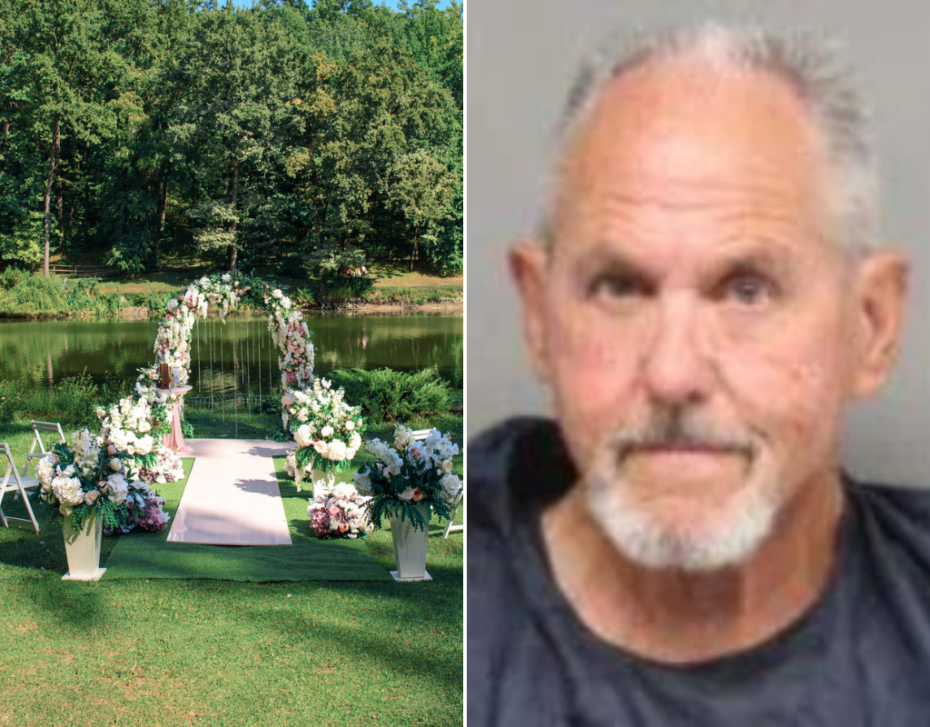Mugshot of Michael Gardner, 62 (left), alongside a file photo of a wedding altar. Gardner was arrested for child abuse on Oct. 2, 2023 after he accidentally shot his own grandson while officiating a wedding.