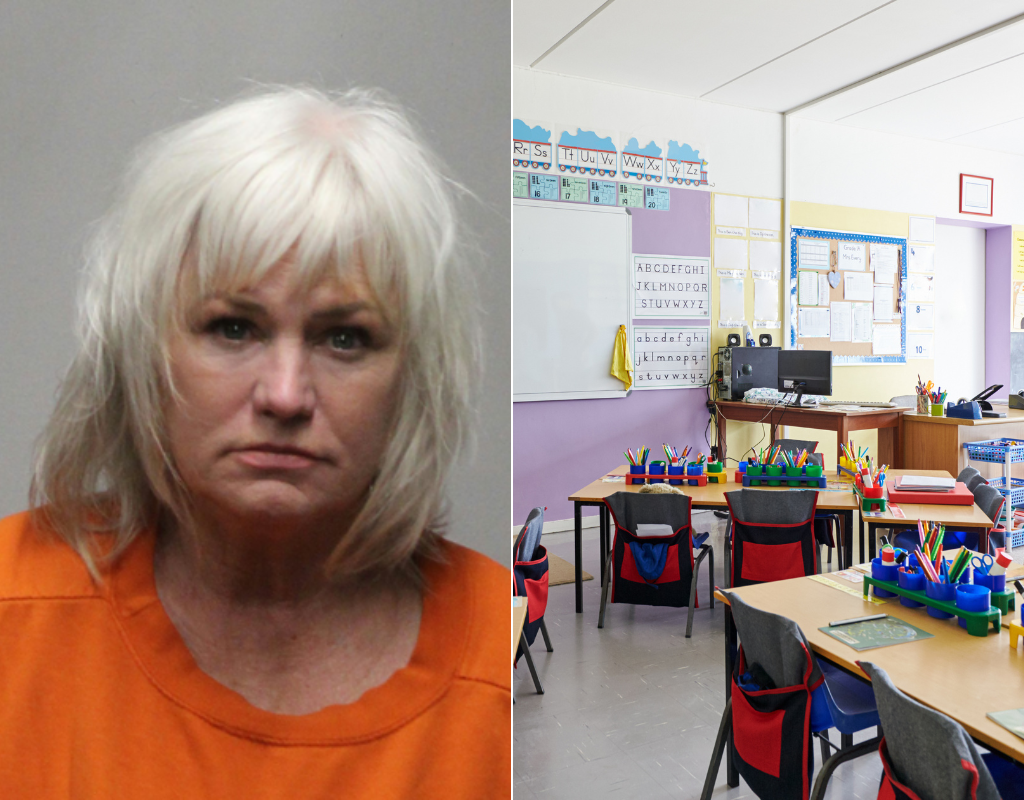 (L) Mugshot of Wendy Munson, 57, a Grade 2 teacher who was arrested on suspicion of drunk driving and child abuse on Oct. 2, 2023 in Live Oaks, California. (R) A file photo of an elementary school classroom.