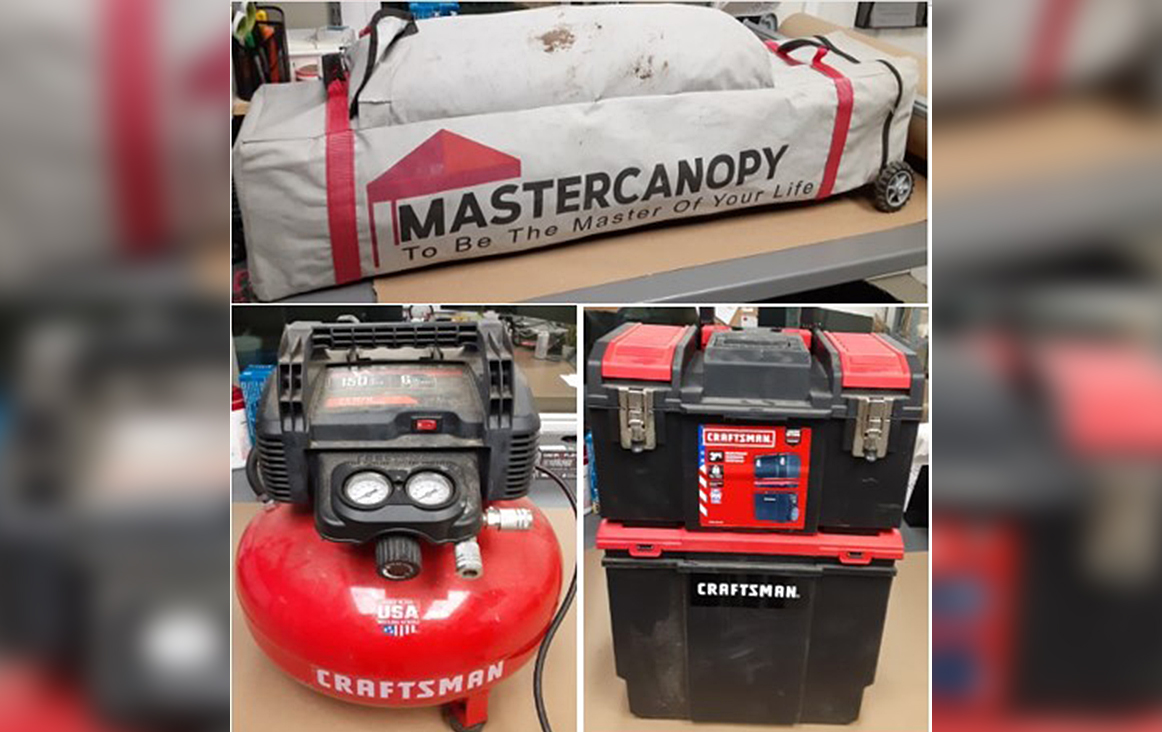 A montage of some of the items seized by police: The canopy, air compressor and tool box.