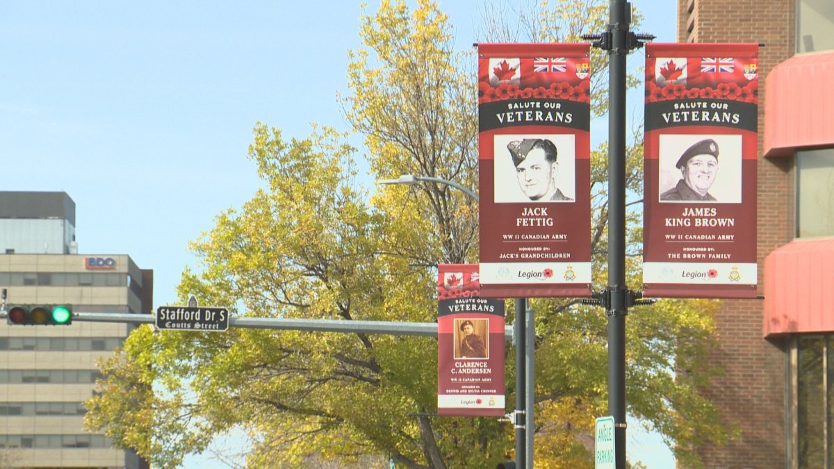 Veterans banners on display outside Lethbridge City Hall on Oct. 3, 2023.