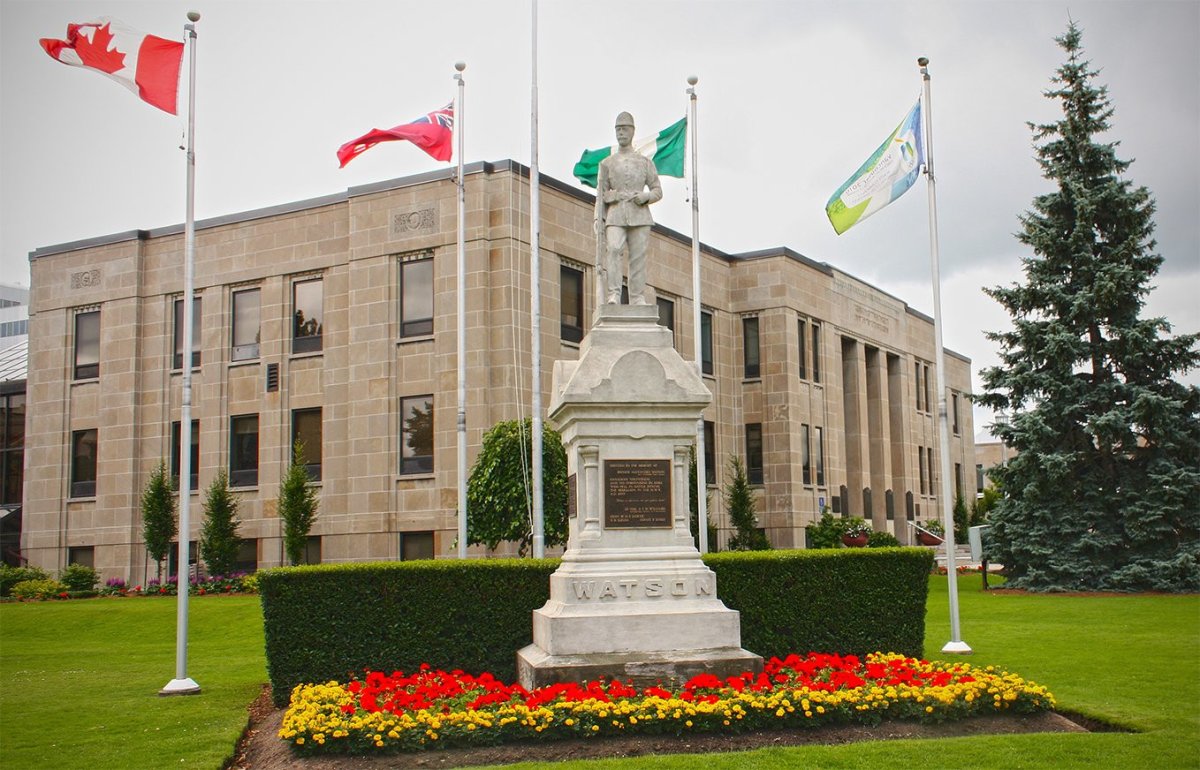The statue of Pte. Watson on the front lawn of St. Catharines City Hall.