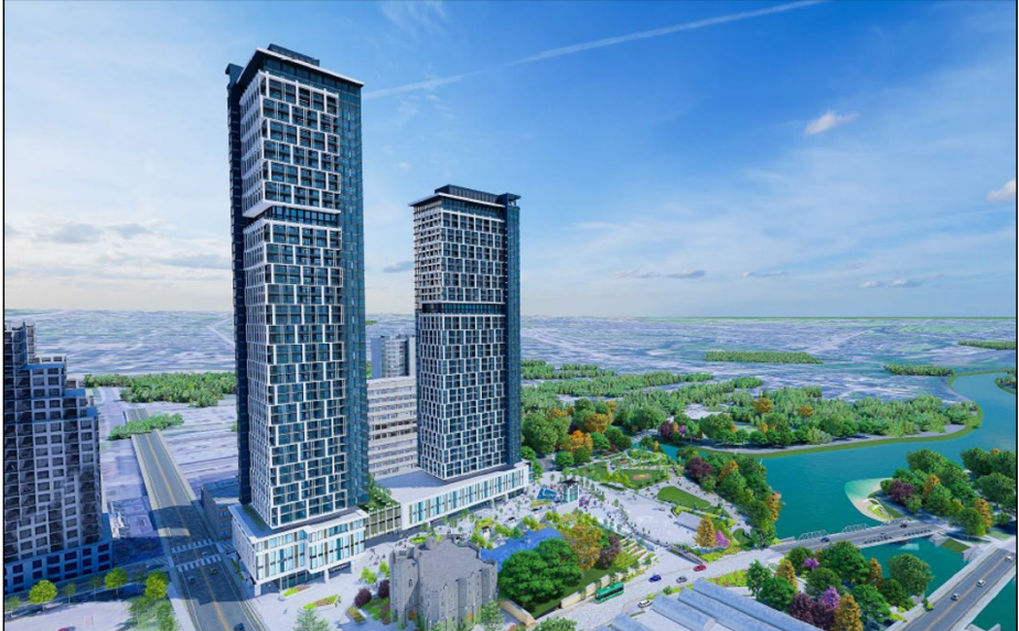City staff rendering of a proposed mixed-use build by York Developments with 53-storey and 43-storey towers at 50 King St.
