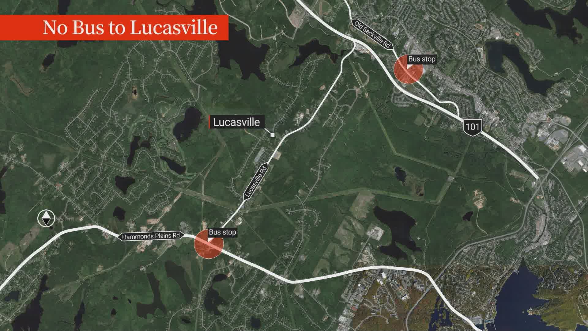 Halifax Transit bus access is available in Hammonds Plains and Sackville, but skips the Lucasville area — meaning residents must walk along the road’s low, gravel shoulder to get to routes.