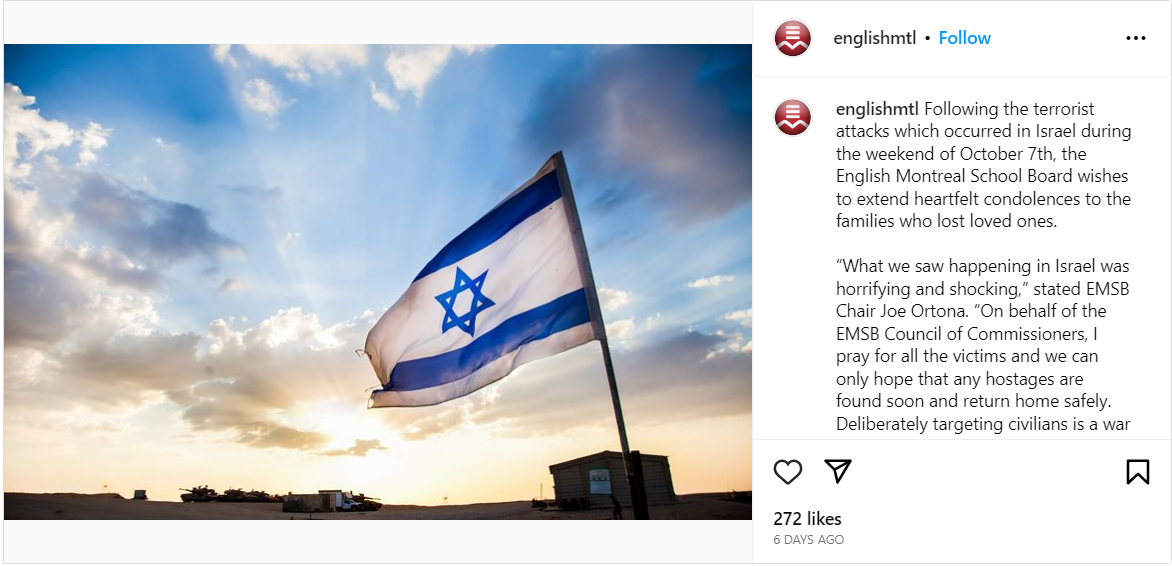 The English Montreal School Board’s initial statement issued on Oct. 12, 2023.