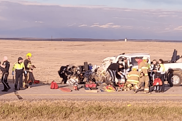 Friday around 4:40 p.m. a sedan and a pickup truck collided on Highway 1 near Township Road 164 in the County of Newell, Alta., resulting in three deaths and six more injured.