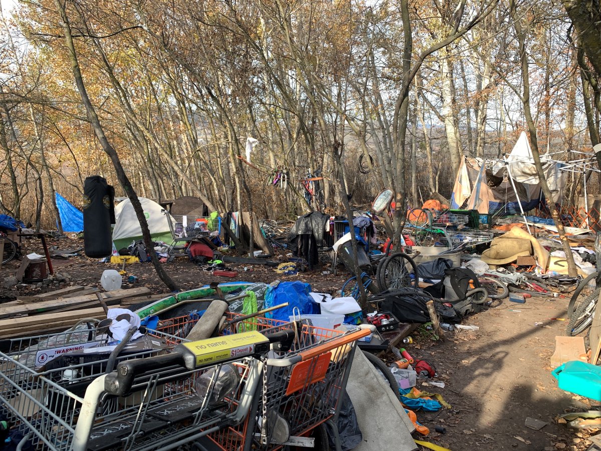 The homeless camp is situated between Highway 97 north of Vernon and Swan Lake. 