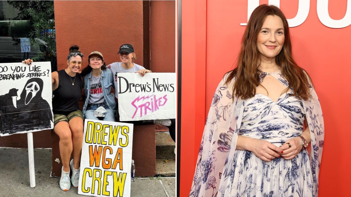 A split image. On the left, WGA striking writers pose with picket signs. On the right is Drew Barrymore in a blue, floral dress.