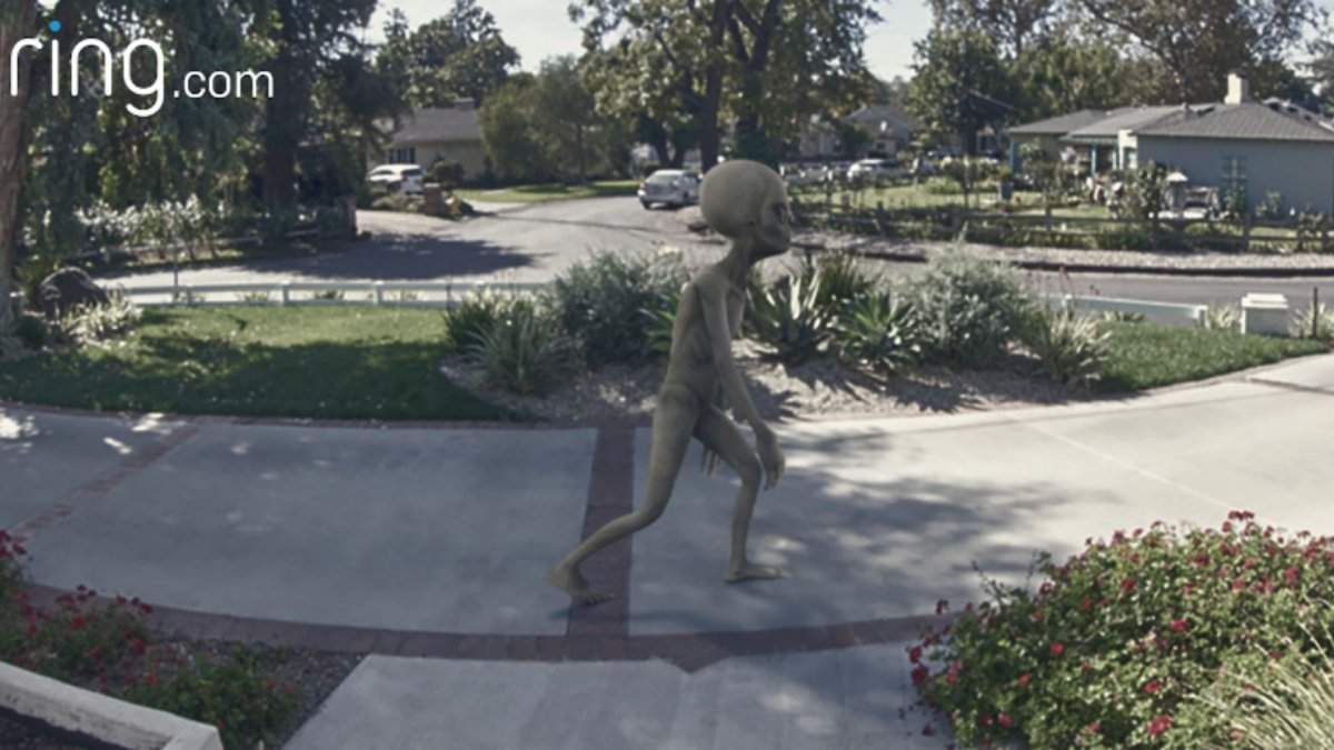 A fake alien appears in a Ring doorbell still.