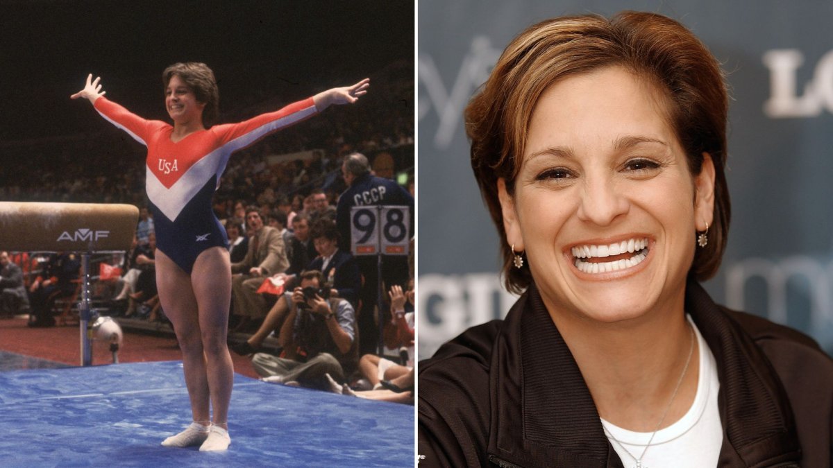 A split image. On the left is Mary Lou Retton at the 1984 Summer Olympics. On the right is a close-up of Retton in recent years.