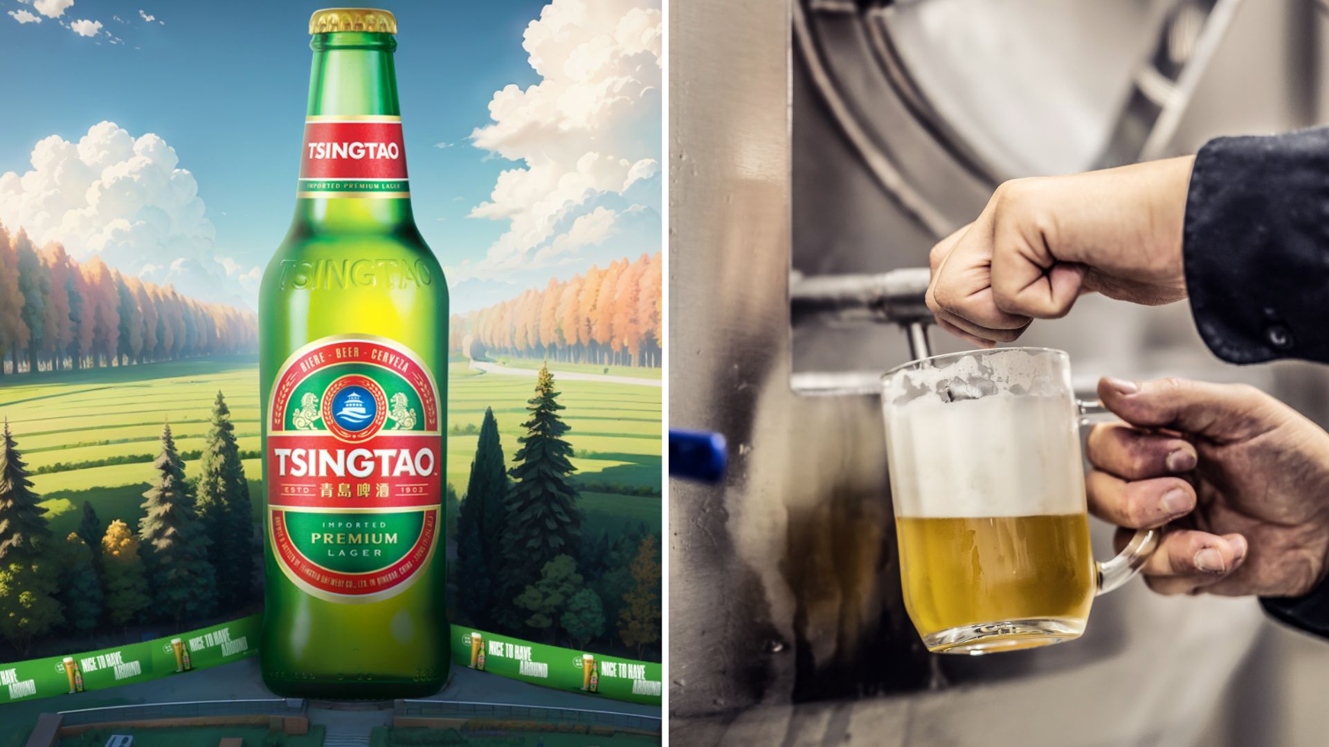 A split image. On the left is a bottle of Tsingtao. On the right someone pours a light beer into a pitcher from a metallic vat.