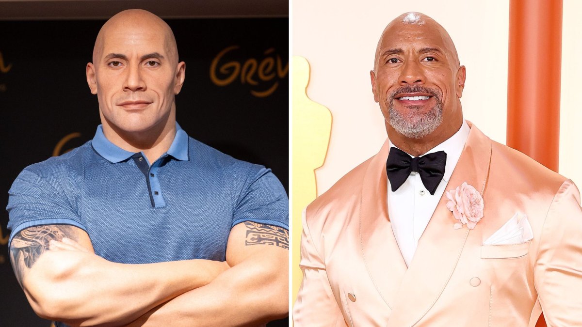 A split image. On the left is the wax figure. On the right is Dwayne Johnson.