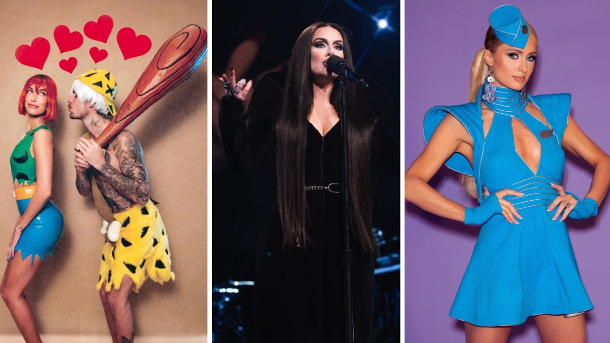A split photo. On the left Hailey Bieber and Justin Bieber are dressed as Pebbles and Bam Bam. In the centre, Adele is dressed as Morticia Addams. On the right, Paris Hilton is dressed as Britney Spears.