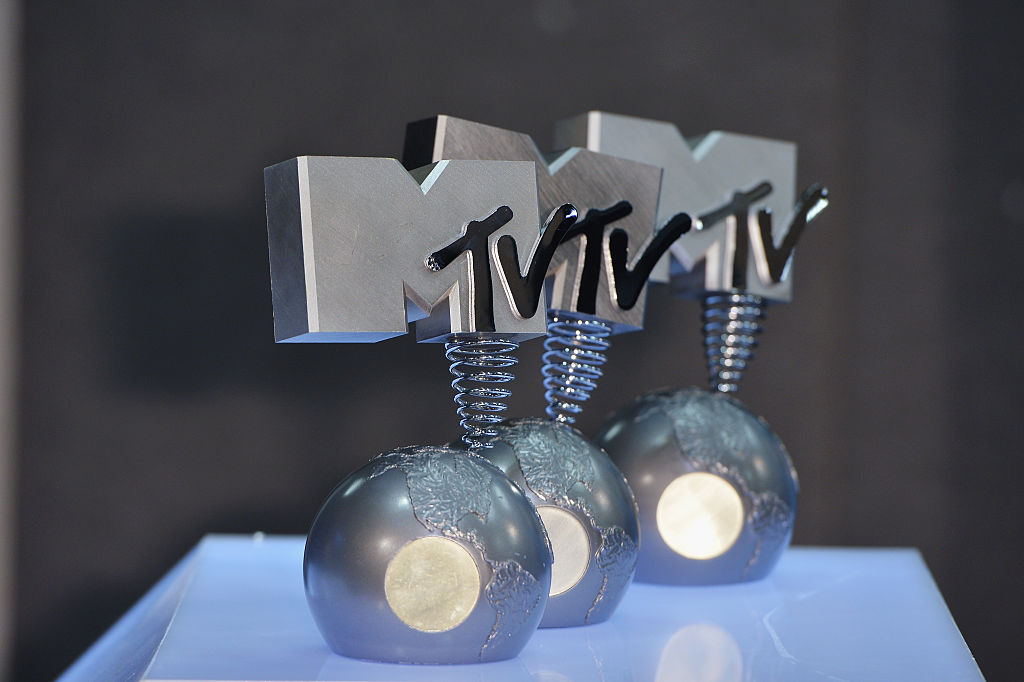 Awards are displayed on stage during the MTV EMA's 2015 at the Mediolanum Forum on October 25, 2015 in Milan, Italy. (Photo by)