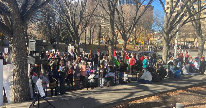 Protestors in Calgary call for ceasefire in Gaza at rally on Sunday