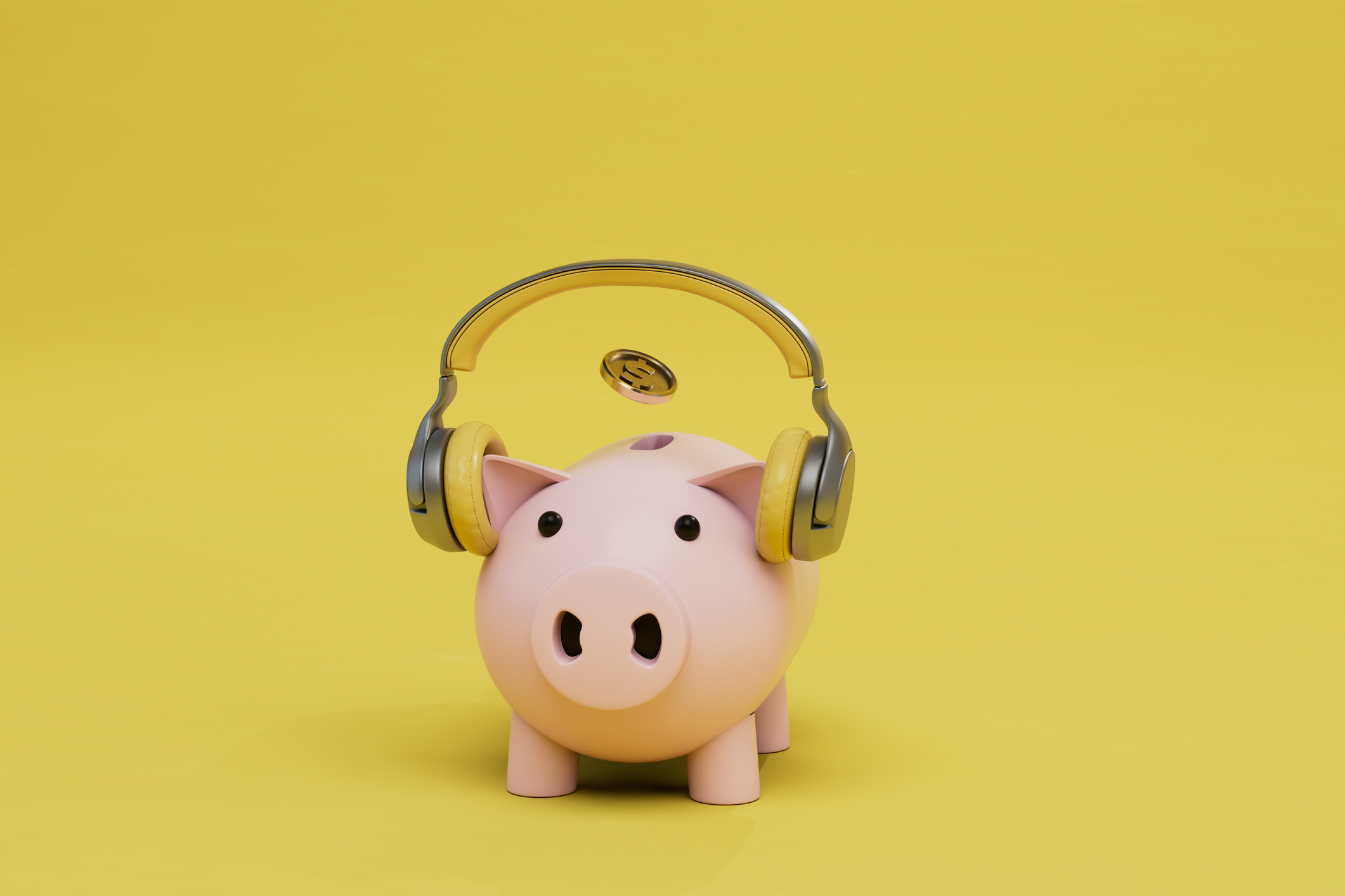 Piggy bank in which a dollar coin falls listens to music in headphones on a yellow background. 3D render