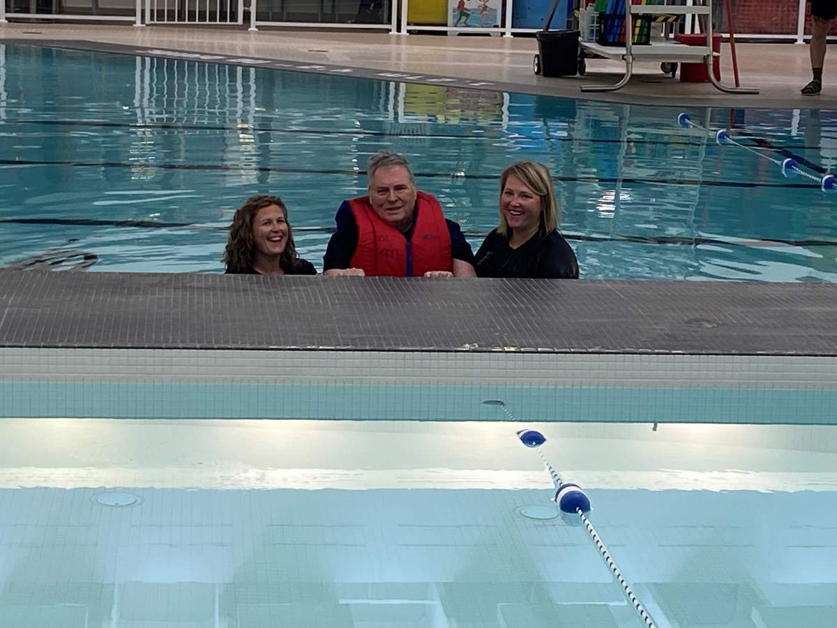 Jim Power ditched his wheelchair in the pool Tuesday and took his first steps in four years.