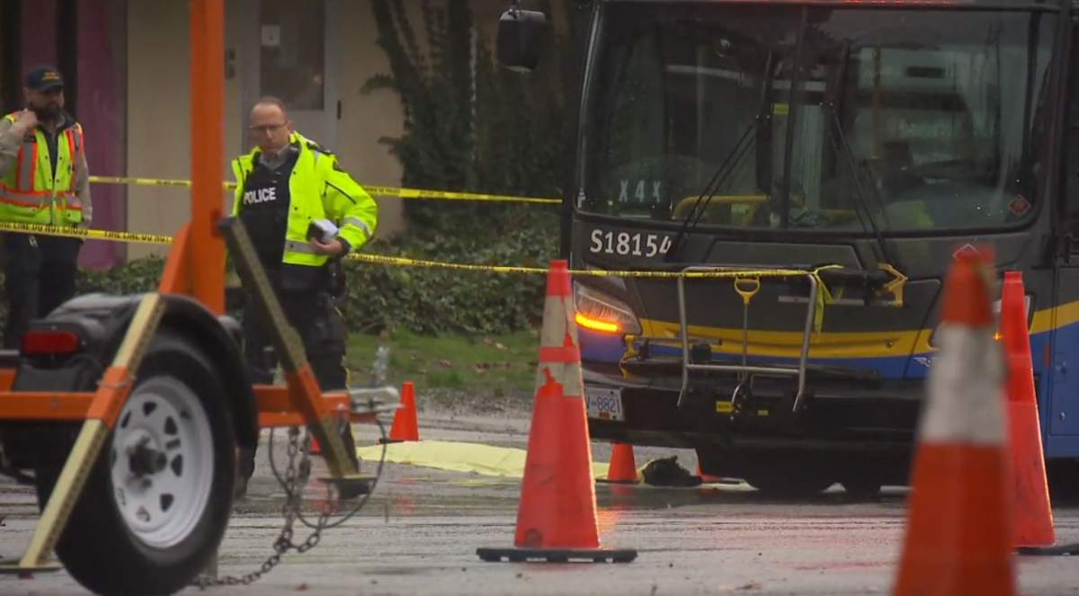 The scene of a collision between a transit bus and a pedestrian in Surrey on Tuesday, Oct. 24, 2023. 